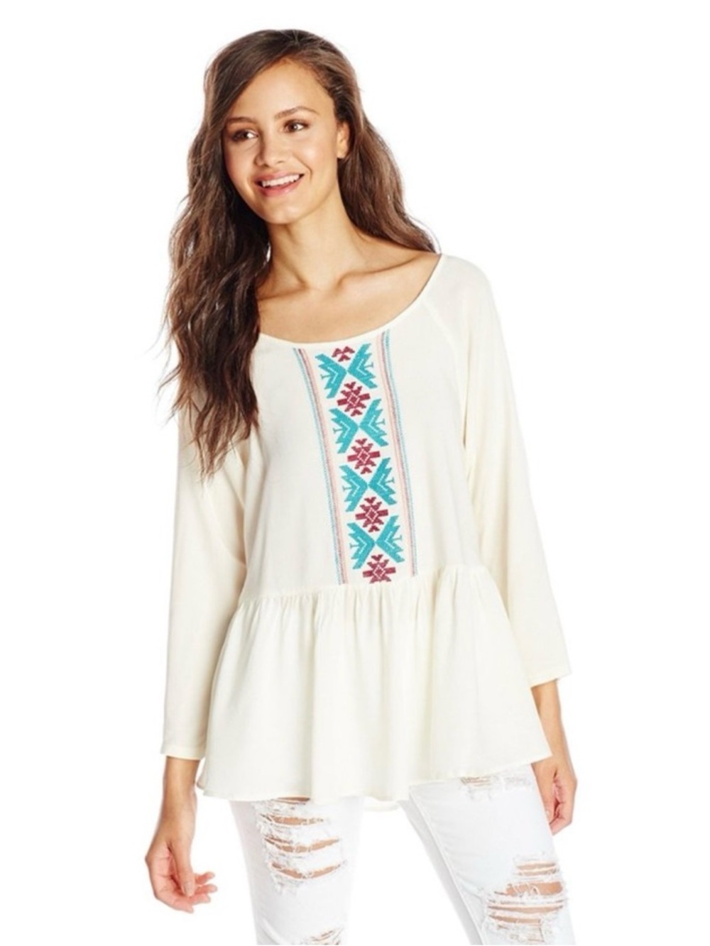 Roxy Landslide Peasant Top Embroidered Boho Blouse Cream Size XS
